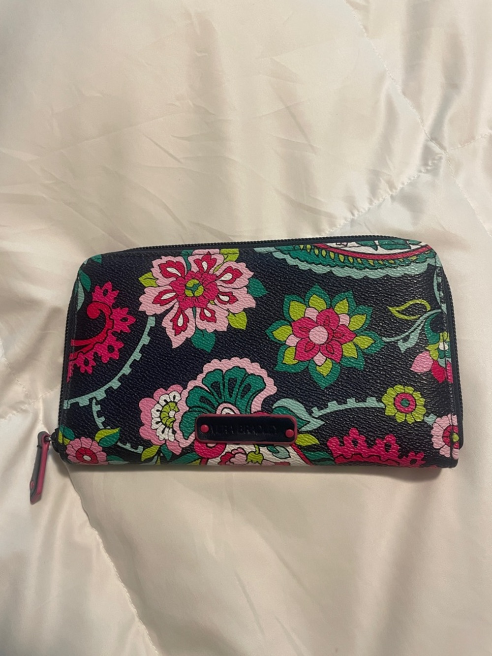 Vera Bradley Black Floral Zip-Around Wallet with Pink & Green Accents